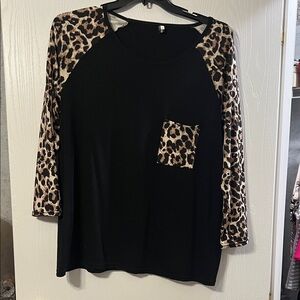 Stylish Black Top with Leopard Print Sleeves